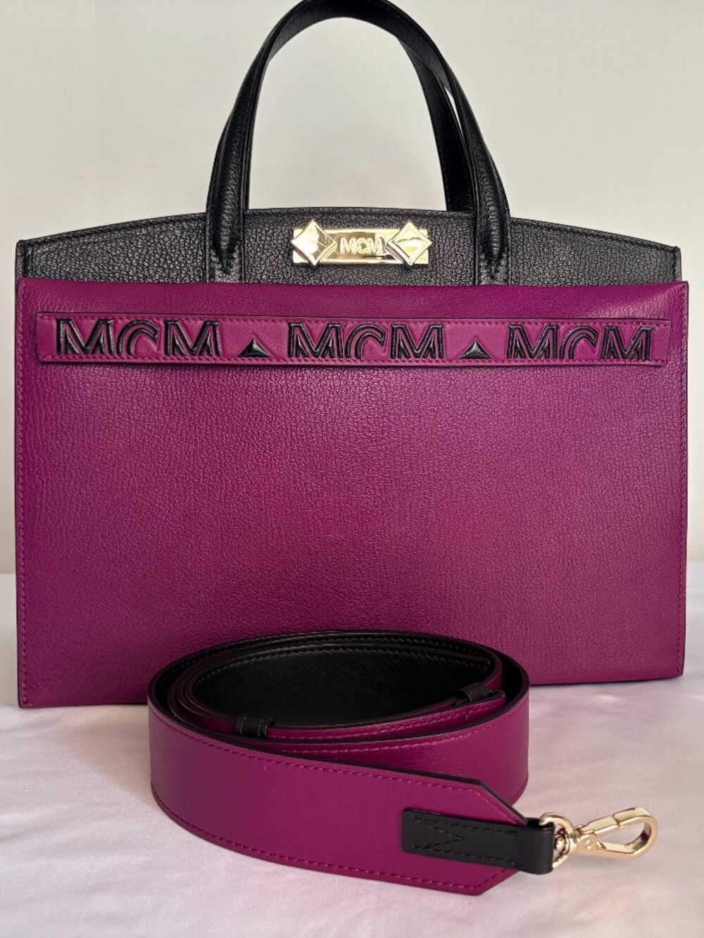 MCM Milano Leather Tote Bag Medium Black & Purple Authentic Guaranteed